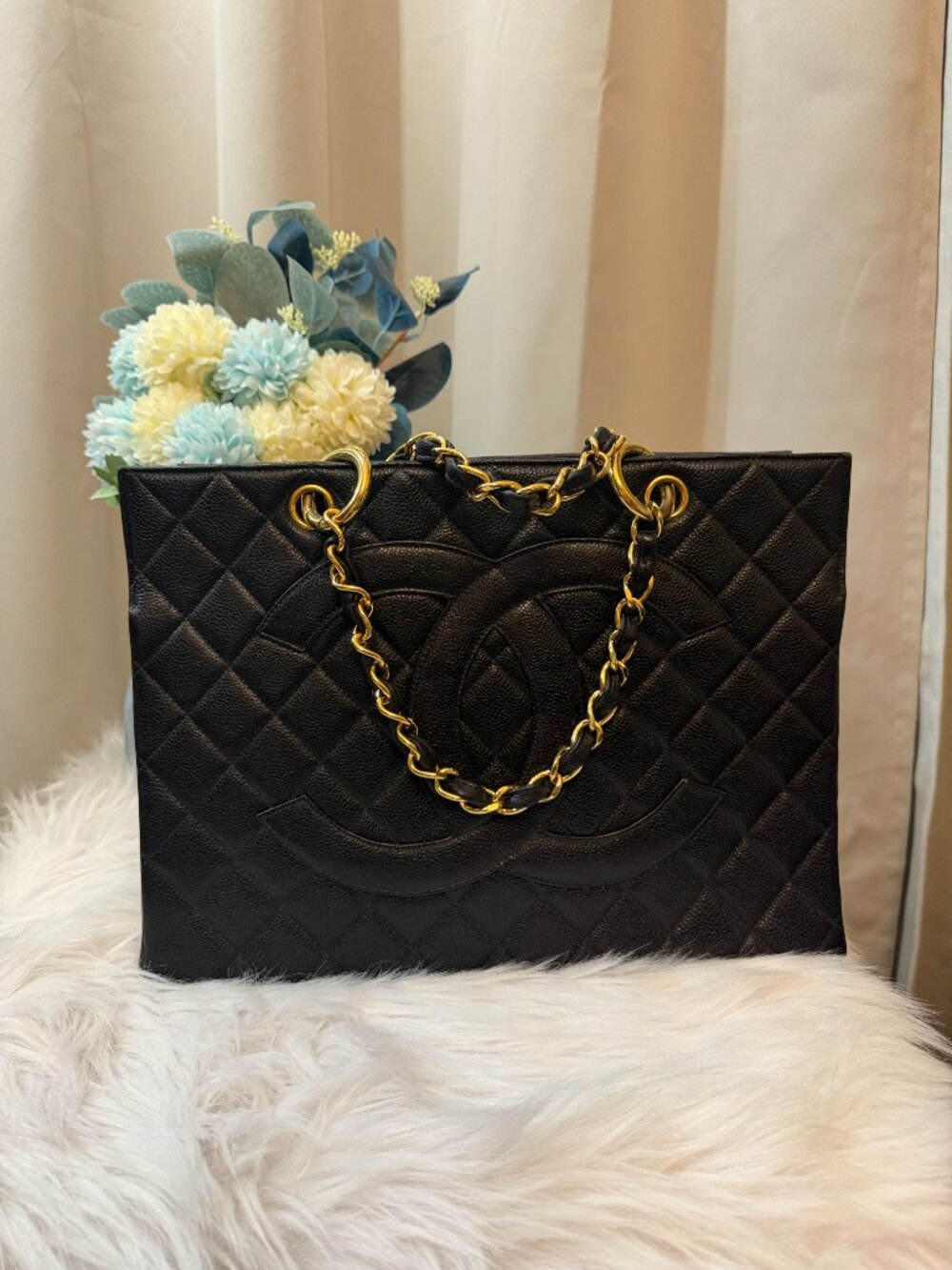 CHANEL Caviar Grand Shopping Square Tote Shoulder Bag Gold Hardware
